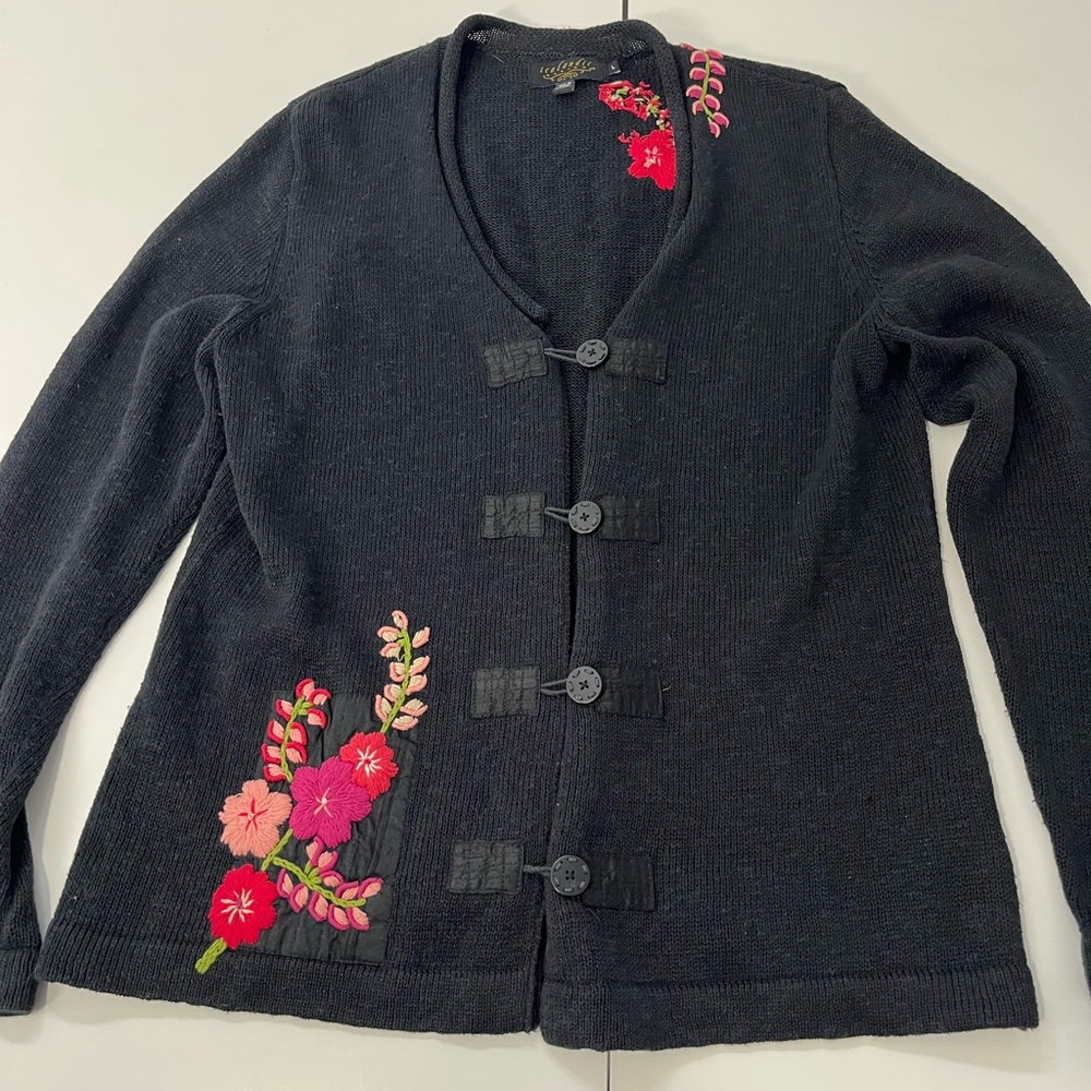 Vintage Icelandic Design Linen Cotton Embroidered Floral Cardigan Sweater Large - Picture 6 of 14